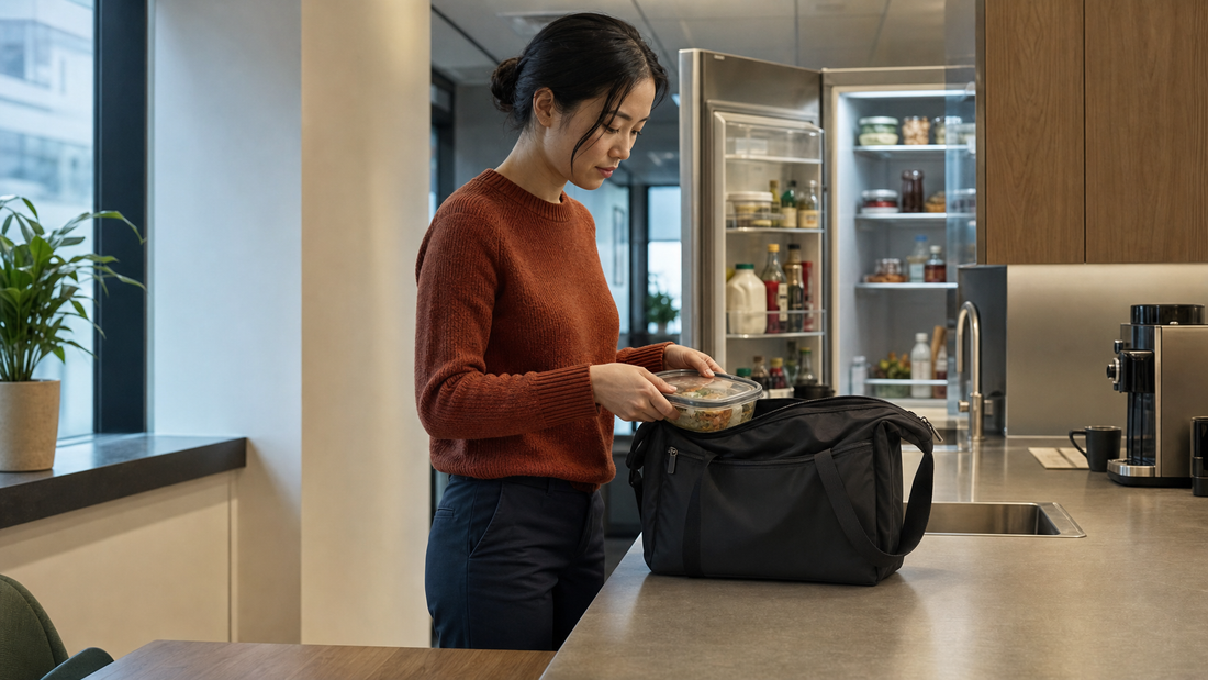 East Asian woman in an office kitchenette packing a sealed lunch container beside a slim black messenger on the counter