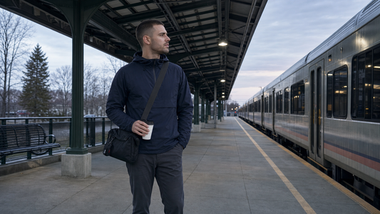 Man in a dark navy jacket standing on a suburban commuter rail platform at dawn with a black crossbody messenger bag and coffee in hand