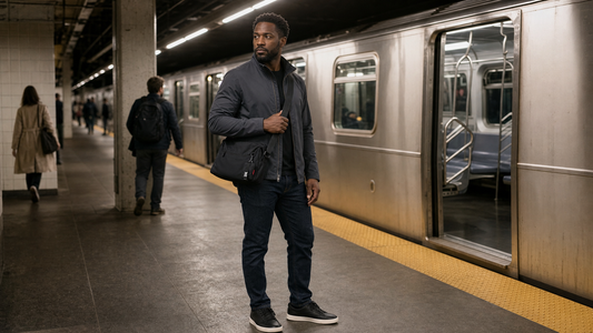 Man in a dark jacket standing on a subway platform with a black crossbody messenger bag held close at his hip as a train arrives