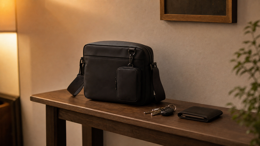 Matte black crossbody messenger bag sitting closed on an entryway console table on a Sunday evening, keys and wallet placed neatly beside it — the carry reset and ready for Monday