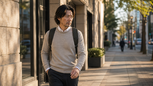 East Asian male professional mid-30s walking on city sidewalk carrying a compact minimalist backpack