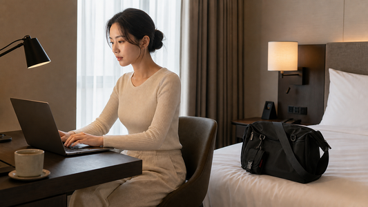 East Asian woman in her early 30s working at a hotel room desk, laptop open and lit, dark structured crossbody bag resting on the bed behind her, morning light through curtains