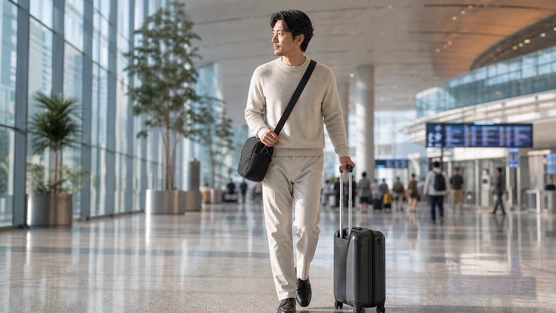 Traveler walking through a bright airport terminal concourse with a rolling carry-on and plain dark personal bag