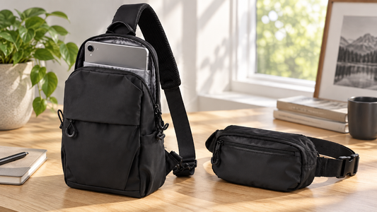 Black Vector Sling product still life, 11-inch tablet envelope versus a waist pack