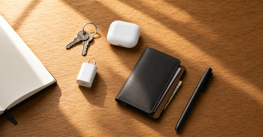 EDC essentials arranged on a warm wood table in morning light — slim wallet open, keys, earbuds case, charger, pen, and notebook, mid-preparation morning ritual