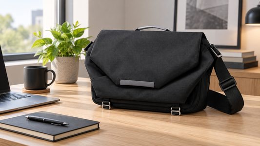 Open black 600D Oxford messenger with a closed 14-inch laptop seated in a dedicated padded sleeve on a light oak desk