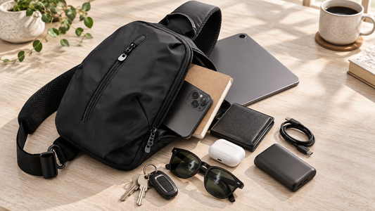 Product-only capacity flat lay of black Commuter Sling open with phone, wallet, keys, tablet-class essentials on a light table