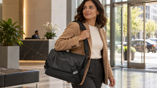 Woman in a camel blazer leaving an American office lobby with a black flap laptop brief on her shoulder