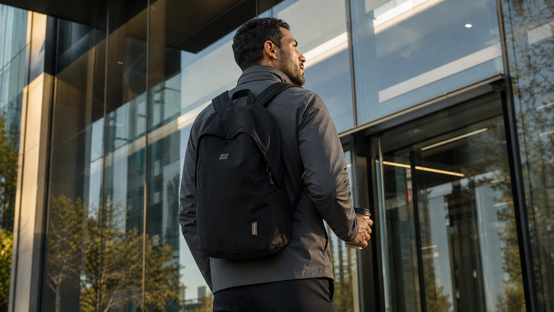 Man in his early 30s arriving at a glass-fronted office building on a clear morning, slim dark backpack on his back, coffee cup in hand