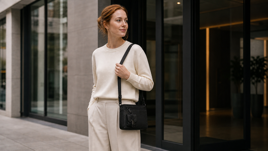 White woman in her early 30s pausing at the entrance of a contemporary American city building, compact matte black crossbody bag settled at her hip, soft morning light, unhurried and composed. Practical carry in an everyday urban moment