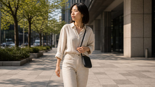 East Asian woman in a sunlit urban plaza, small dark crossbody shoulder bag at her hip, light linen top, natural outdoor light — minimal carry in a city context