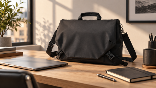 Open black slim laptop brief on a desk with a slim laptop sliding into the padded compartment