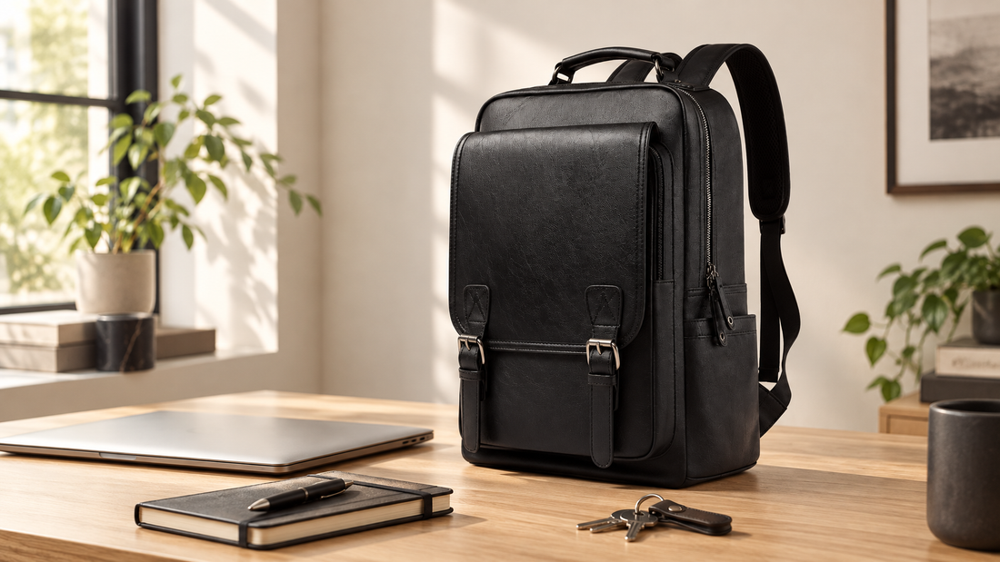 Soft PU-leather everyday laptop backpack on a clean desk, product-led still life