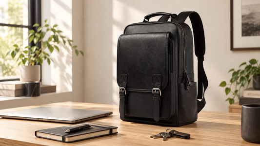 Soft PU-leather everyday laptop backpack on a clean desk, product-led still life