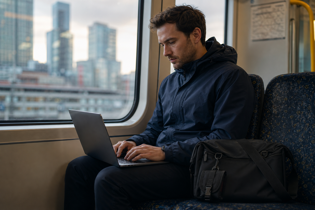 Commuter working on a laptop while seated on a train, black crossbody messenger bag beside them