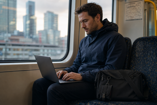 Commuter working on a laptop while seated on a train, black crossbody messenger bag beside them
