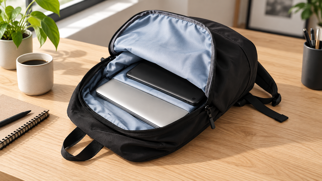 Open black lightweight backpack on a light oak desk with a silver laptop and black tablet packed for a two-device workday