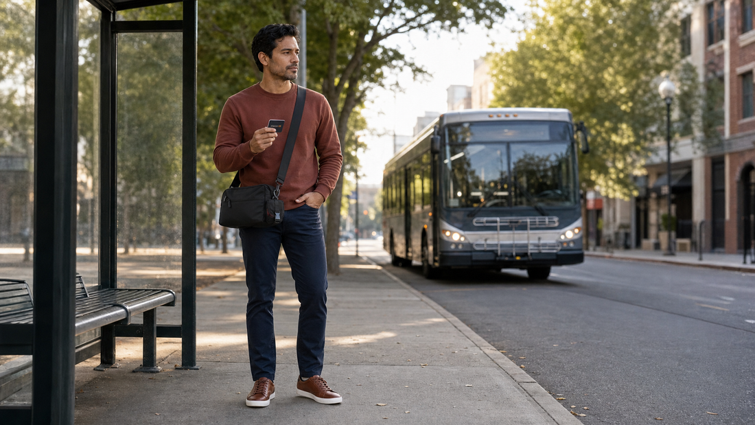 Man in a rust crewneck holding a transit card at a covered city bus stop as a bus approaches from behind, black crossbody messenger bag at his hip