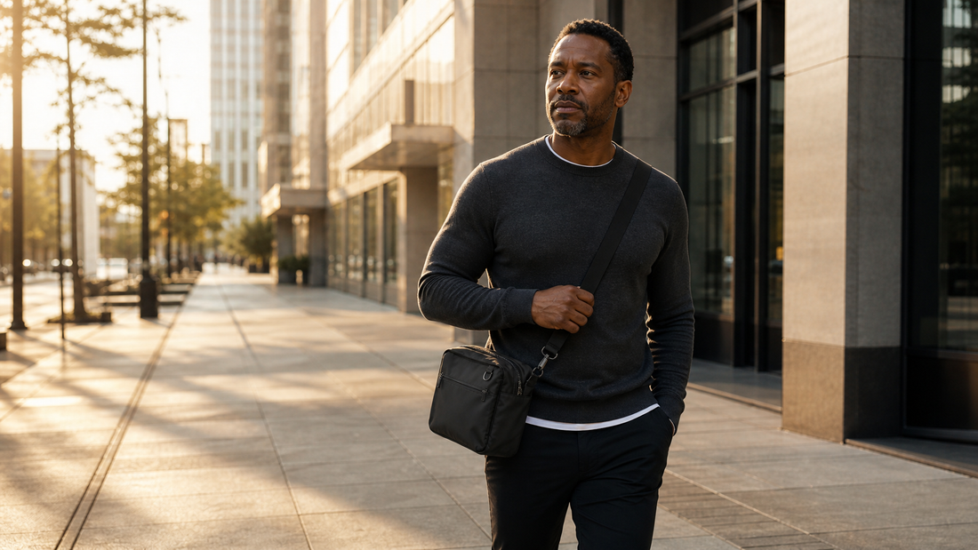 Black man in his mid-40s walking purposefully along a downtown city block in early morning light, compact matte black structured crossbody messenger bag at his hip, glass office buildings softly blurred in the background