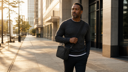 Black man in his mid-40s walking purposefully along a downtown city block in early morning light, compact matte black structured crossbody messenger bag at his hip, glass office buildings softly blurred in the background
