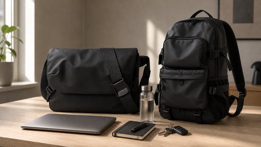 Slim black laptop brief and black work backpack on a light oak desk with laptop, notebook, water bottle, and keys in morning light