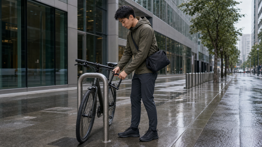 Man in a dark olive jacket locking a bicycle at a city bike rack with a black crossbody messenger bag worn at his hip on a wet urban street