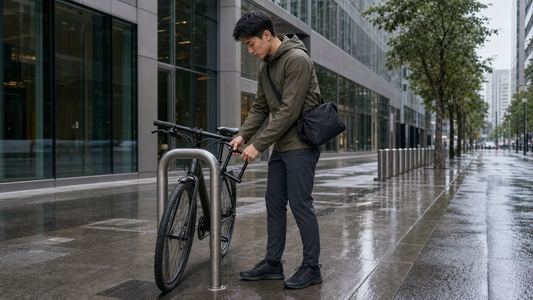 Man in a dark olive jacket locking a bicycle at a city bike rack with a black crossbody messenger bag worn at his hip on a wet urban street