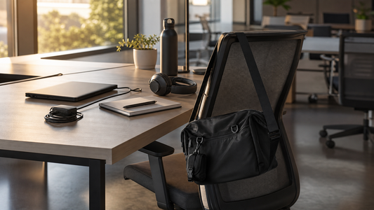 Office desk with stationary charger, notebook, and headphones; a black messenger hangs on the chair ready to leave