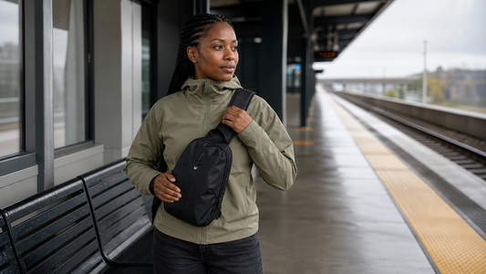 Black woman in early 30s on a morning transit platform adjusting a compact matte black sling bag