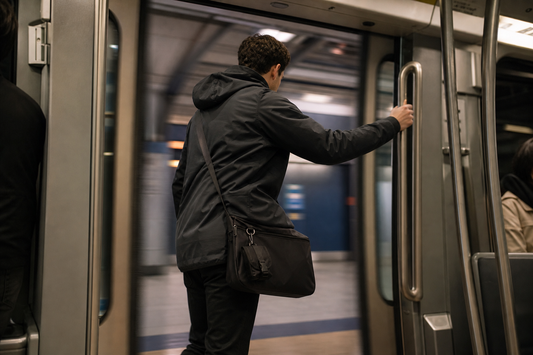 Commuter boarding a subway train as doors close, wearing a black crossbody messenger bag at hip level