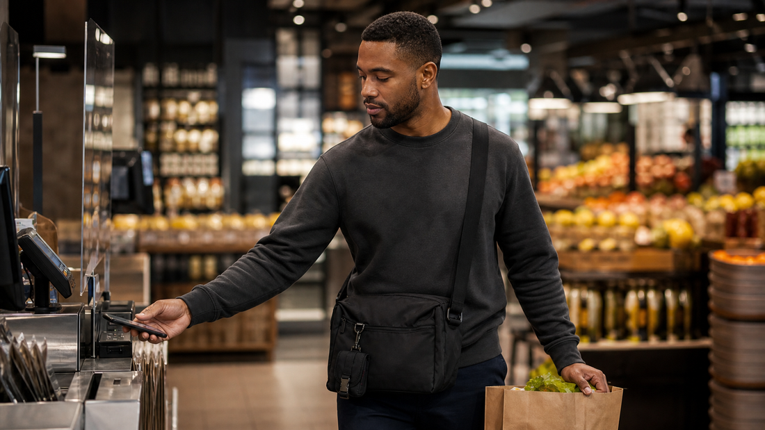 Man in a dark charcoal sweatshirt holding a brown paper grocery bag while paying at an evening market checkout counter with a black everyday crossbody messenger bag at his side