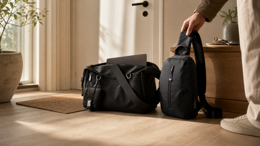 Two bags by an apartment door for laptop day versus light day hybrid work choice