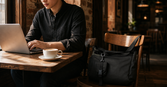 Person working at a coffee shop with an open messenger bag and MacBook on a wooden table, warm café lighting in the background