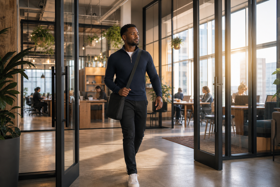 Black man in his early 30s arriving at a modern coworking space mid-stride, slim dark laptop bag slung crossbody, warm wood desks and large windows with morning light behind him