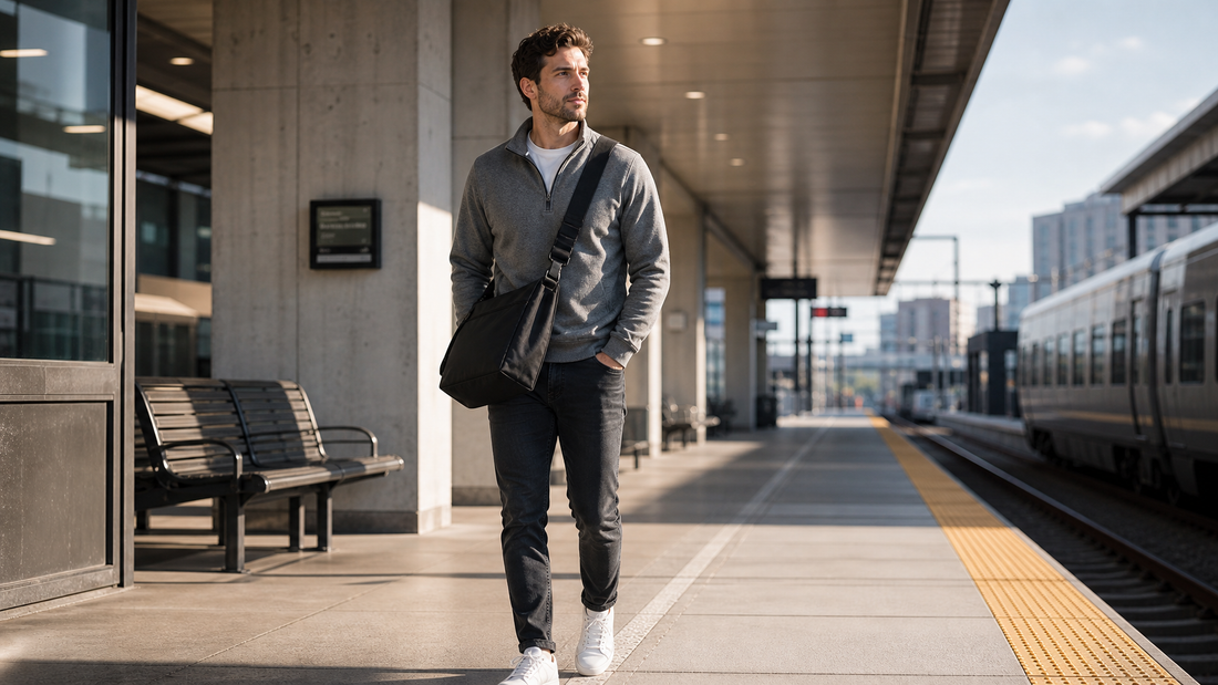 Man in late 20s wearing an unbranded slate grey quarter-zip fleece, standing on a clean urban commuter train platform in early morning light, wearing a large matte black crossbody messenger bag diagonally at hip level — composed and ready for the day