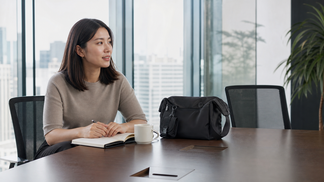 Woman in a modern conference room with a structured crossbody messenger bag on the table beside her notebook. The bag completely at home in a professional setting