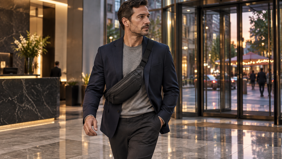Male-presenting professional in navy blazer and gray crewneck leaving a glass office lobby at dusk wearing a black Horizon waist pack crossbody