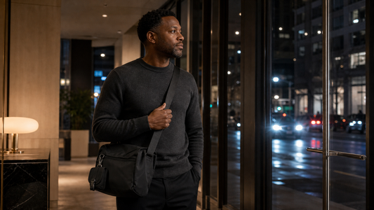 Black man in a charcoal sweater standing in a lit office lobby at night with a black messenger worn crossbody, city street visible through glass doors