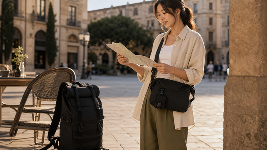 Traveler on a sunlit city plaza with a black travel backpack set beside a chair and a black messenger worn as a day bag