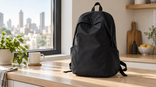 Black Lite everyday backpack product-led still life on a kitchen counter by a bright window