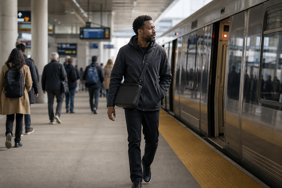 Black male commuter in his early 30s walking purposefully along a transit platform in morning light, matte black crossbody messenger bag at his hip, other commuters softly blurred in the background