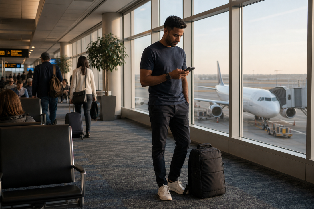 South Asian man in his mid-30s at an airport boarding gate, looking at his phone, dark expandable travel backpack at his feet — wide terminal environment shot with natural window light