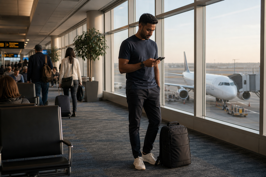 South Asian man in his mid-30s at an airport boarding gate, looking at his phone, dark expandable travel backpack at his feet — wide terminal environment shot with natural window light