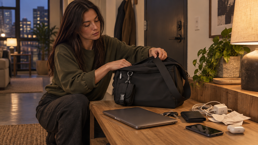 Woman in an olive sweater emptying a black crossbody messenger on a wood console at night with laptop keys and cables beside the bag