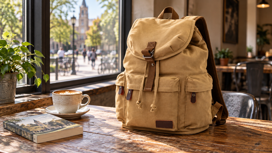 Khaki canvas backpack with flap and buckle on a cafe table beside a closed laptop