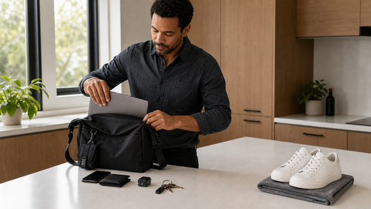 Man loading a laptop into an open black messenger bag at a kitchen counter with work essentials laid out and gym shoes set aside