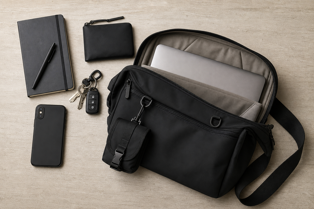 Overhead flat lay of a black messenger bag opened to show its laptop compartment, alongside a MacBook and desk items