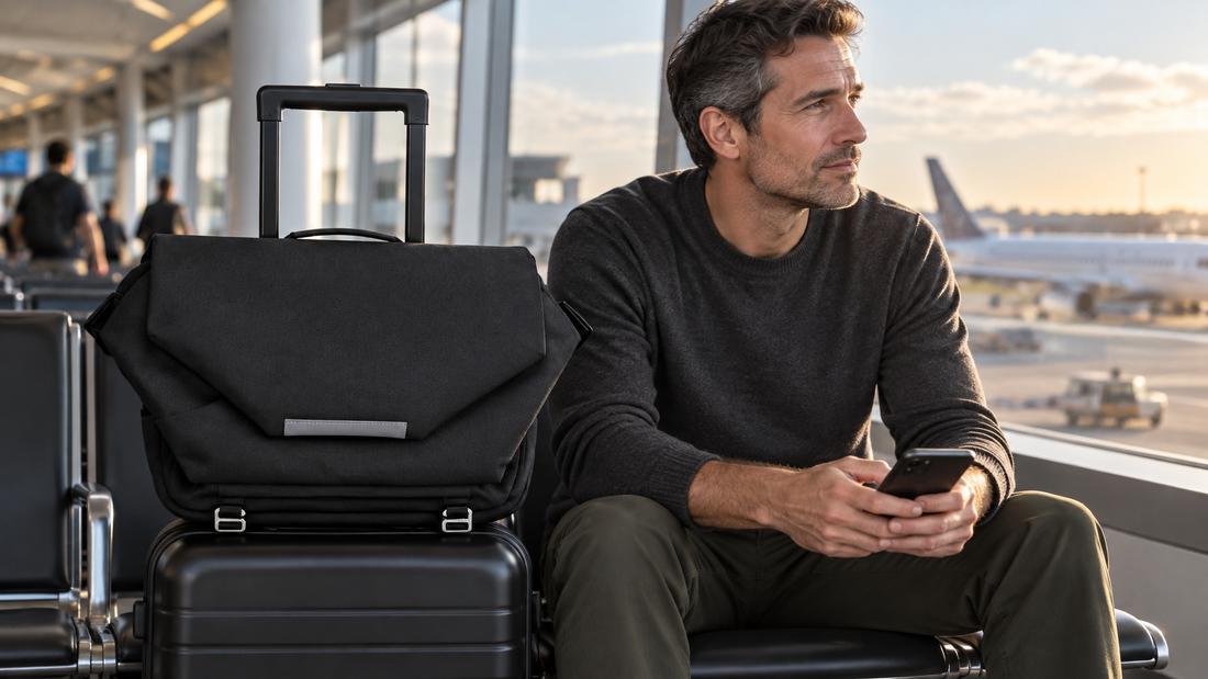 Male-presenting commuter with black Summit Messenger on a rolling suitcase handle at airport seating