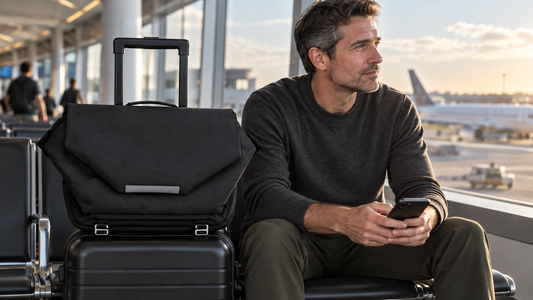 Male-presenting commuter with black Summit Messenger on a rolling suitcase handle at airport seating