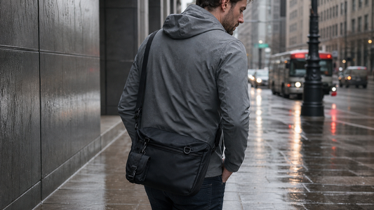 Commuter with a closed black messenger bag on a wet city sidewalk after light rain